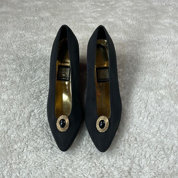 Mina gold brooch black pumps heels, size 8.5 - Picture 1 of 8